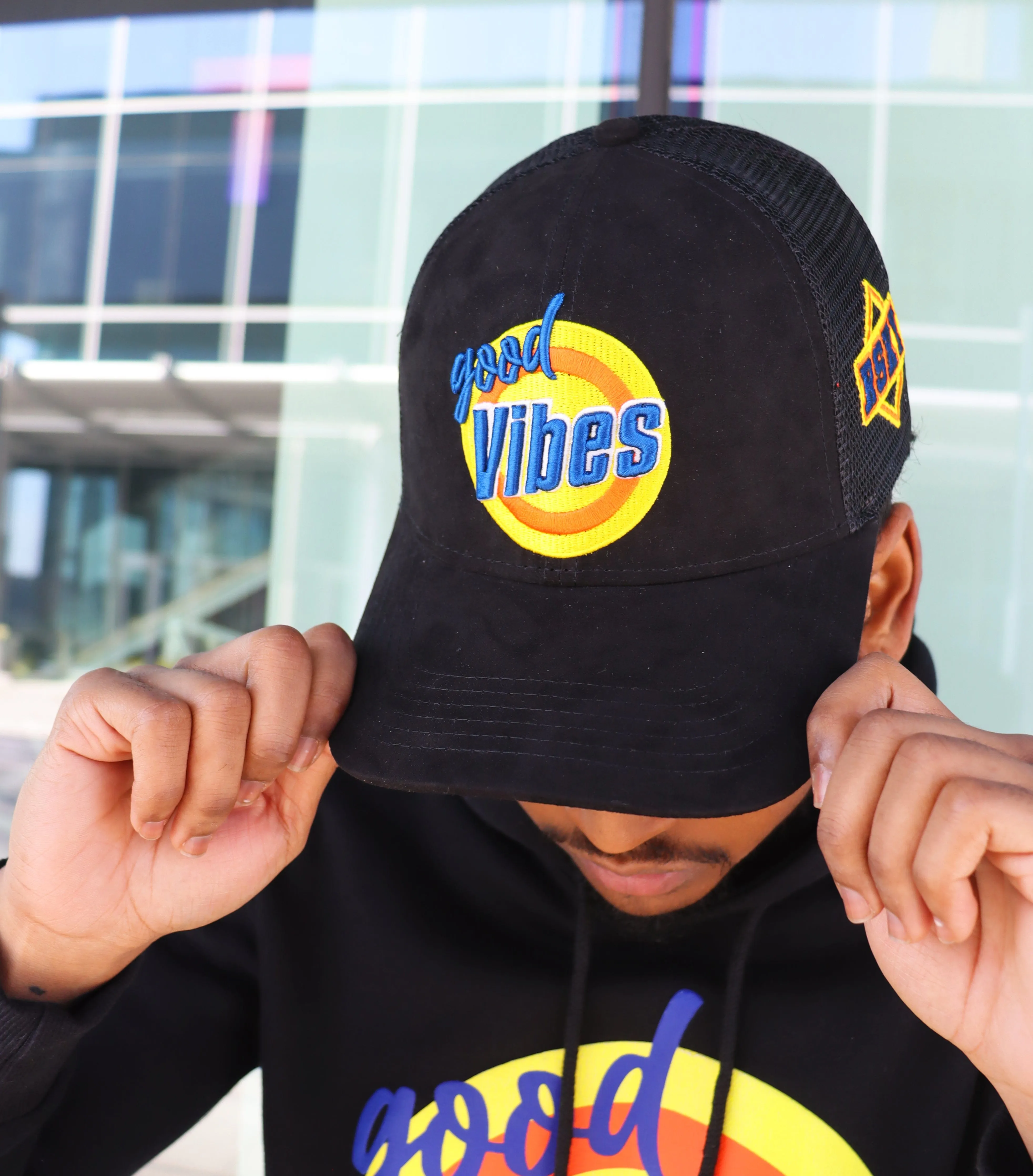 RISKY REWARDS “GOOD VIBES” BLACK TRUCKER HAT