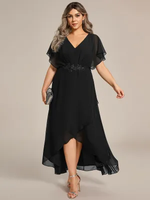 Robe De Soirée En Mousseline De Soie Col En V Manches Chauve-Souris Taille Trapèze Grande Taille
