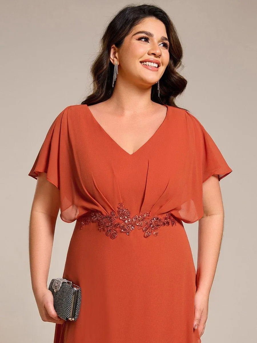 Robe De Soirée En Mousseline De Soie Col En V Manches Chauve-Souris Taille Trapèze Grande Taille