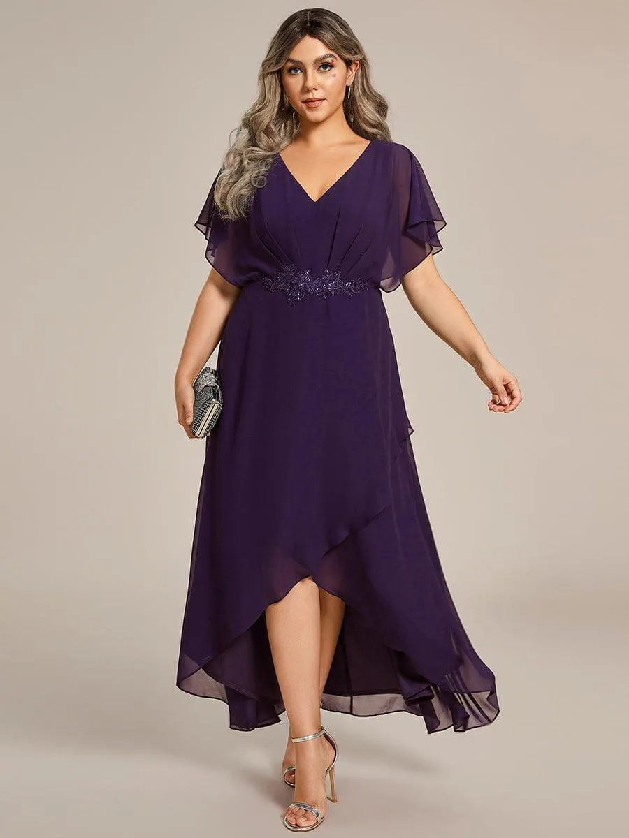 Robe De Soirée En Mousseline De Soie Col En V Manches Chauve-Souris Taille Trapèze Grande Taille