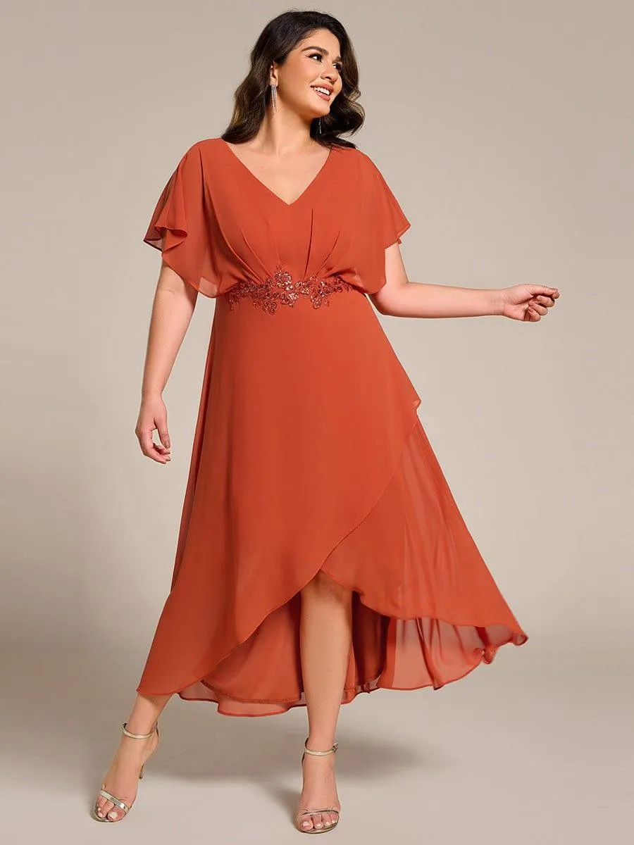 Robe De Soirée En Mousseline De Soie Col En V Manches Chauve-Souris Taille Trapèze Grande Taille