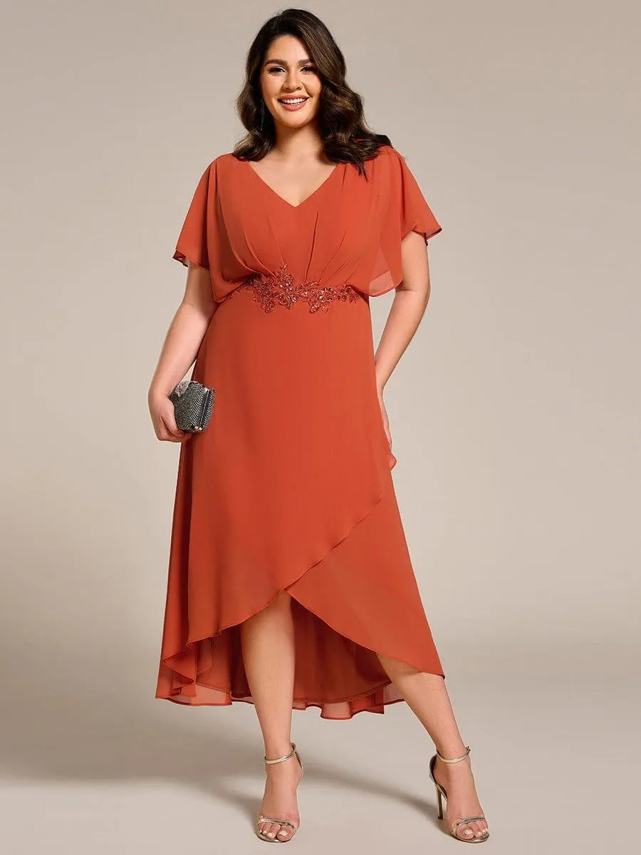 Robe De Soirée En Mousseline De Soie Col En V Manches Chauve-Souris Taille Trapèze Grande Taille