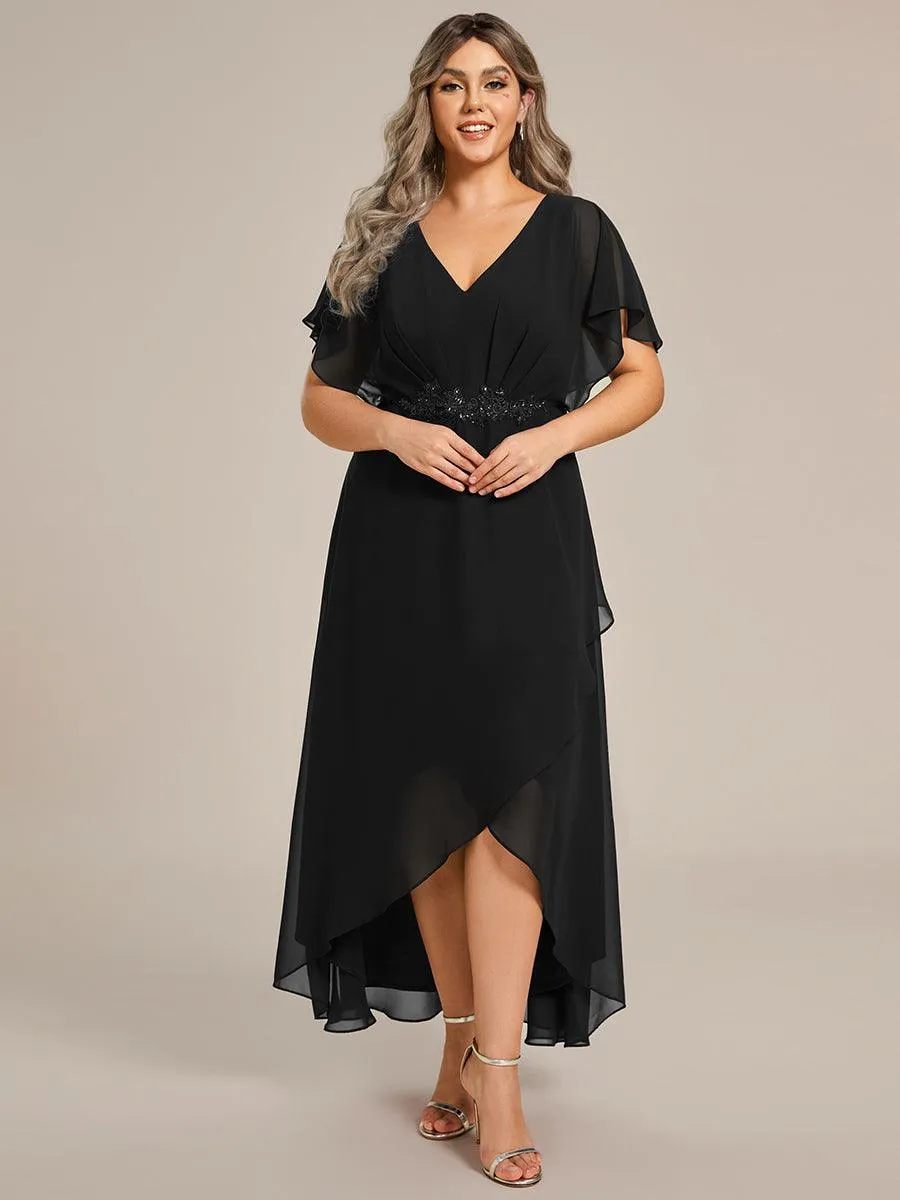 Robe De Soirée En Mousseline De Soie Col En V Manches Chauve-Souris Taille Trapèze Grande Taille