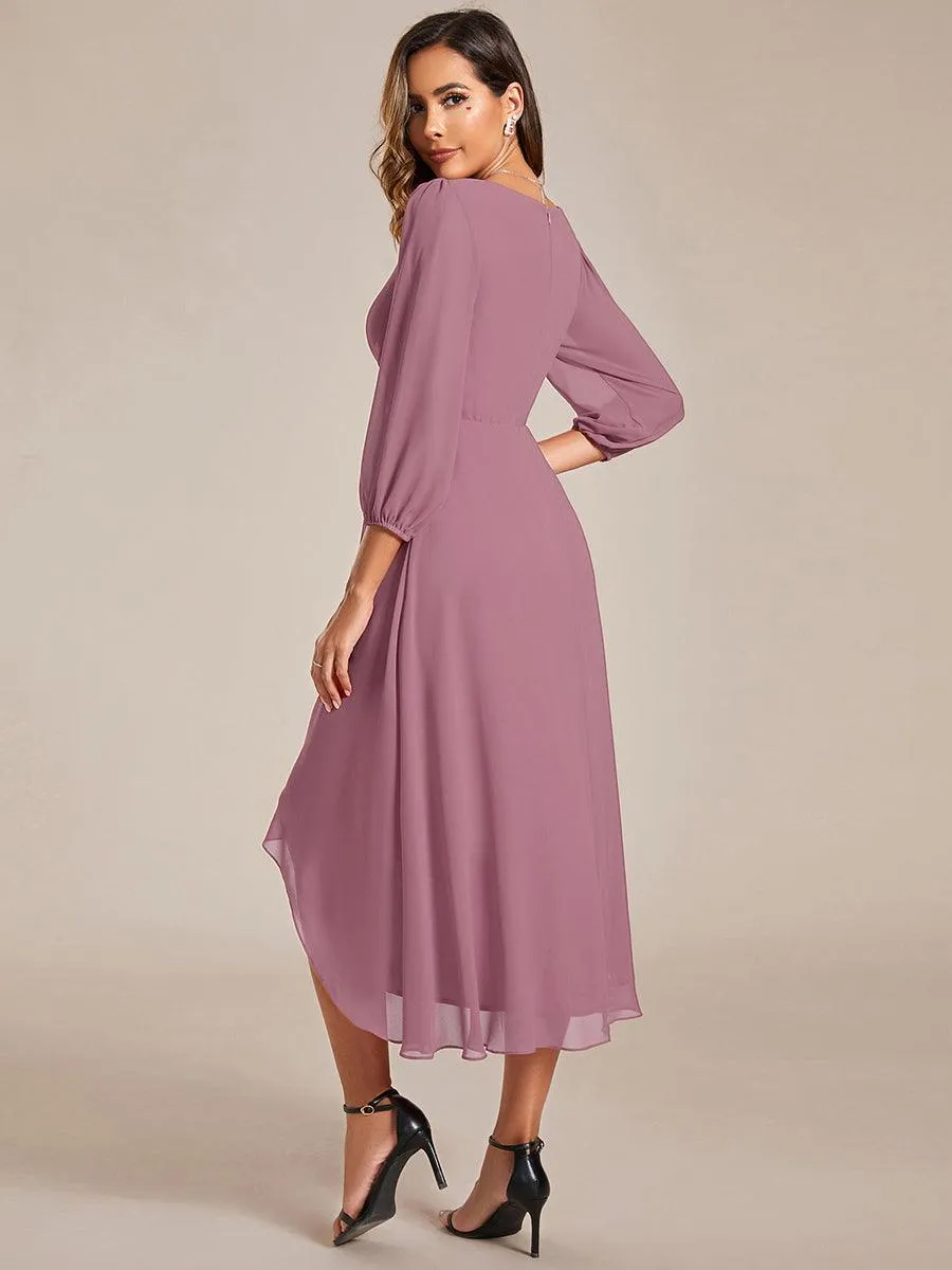 Robe invité de mariage mi-longue manches longues ourlet asymétrique