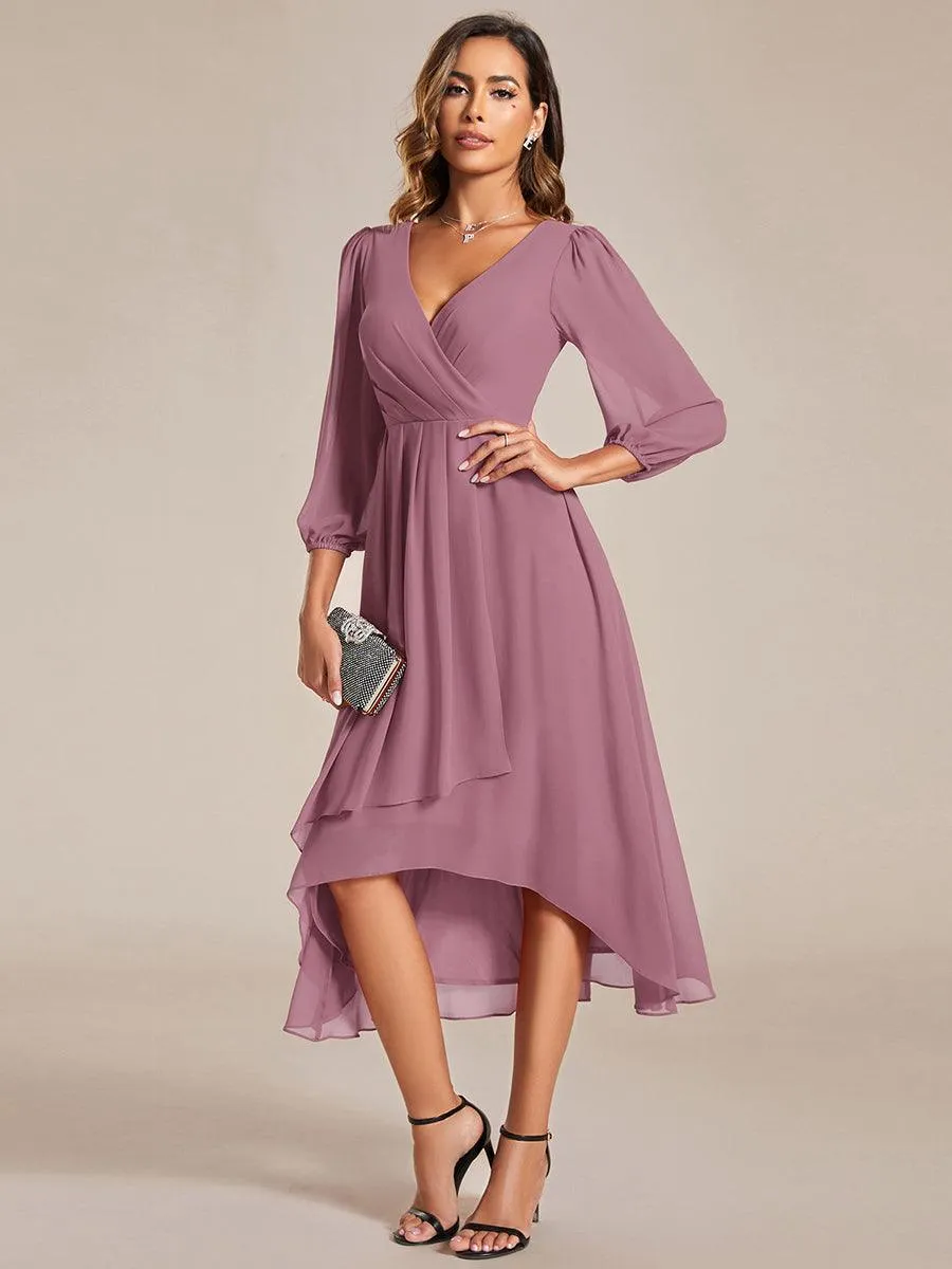 Robe invité de mariage mi-longue manches longues ourlet asymétrique