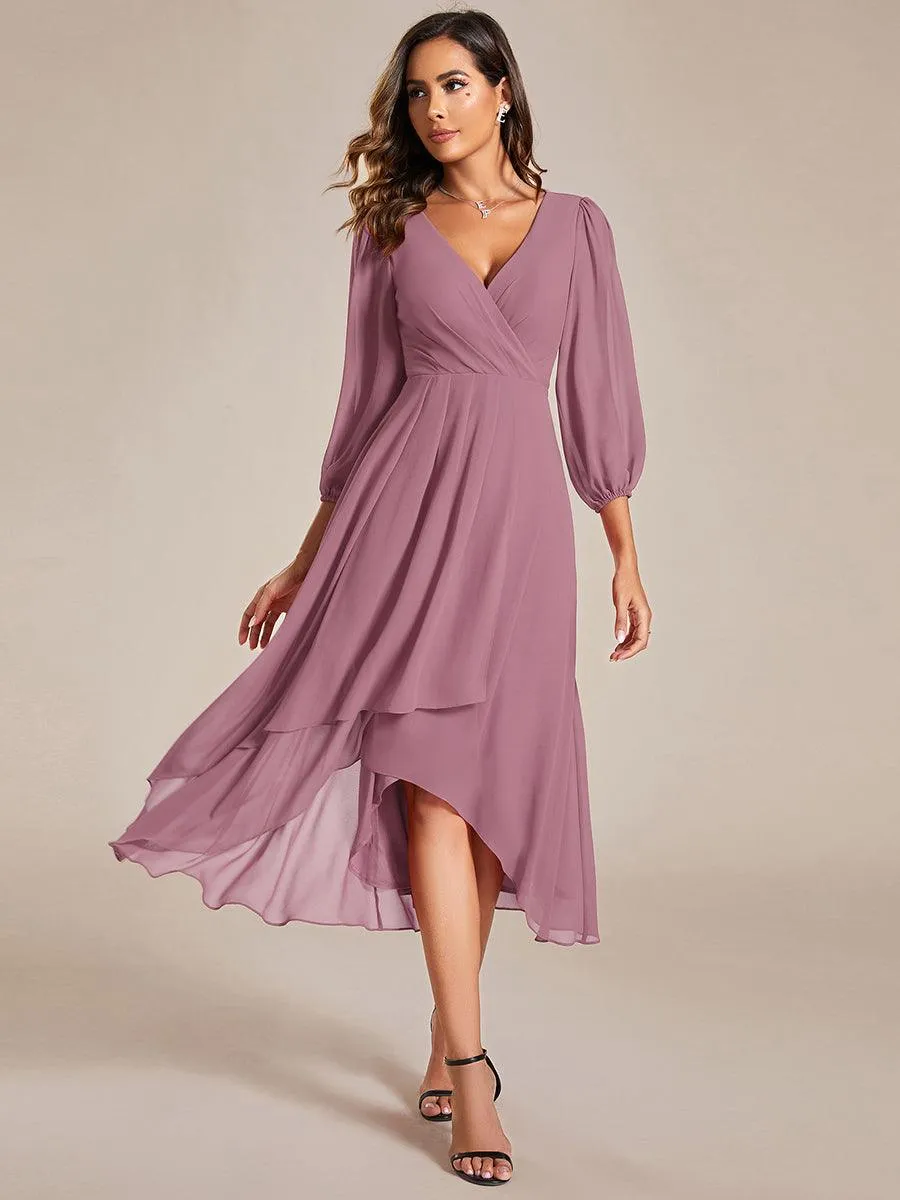 Robe invité de mariage mi-longue manches longues ourlet asymétrique