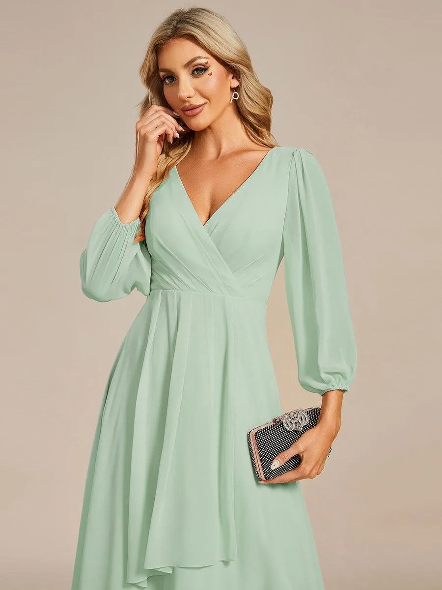Robe invité de mariage mi-longue manches longues ourlet asymétrique