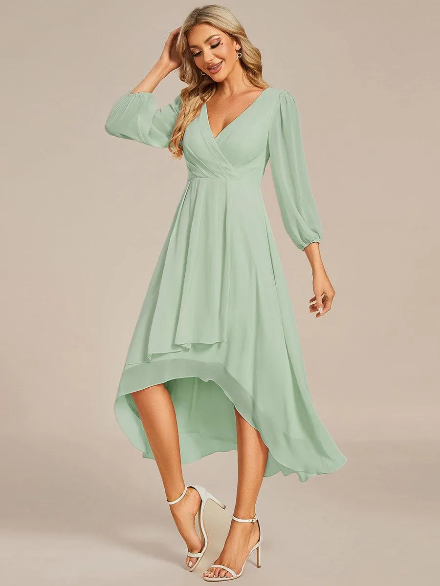 Robe invité de mariage mi-longue manches longues ourlet asymétrique