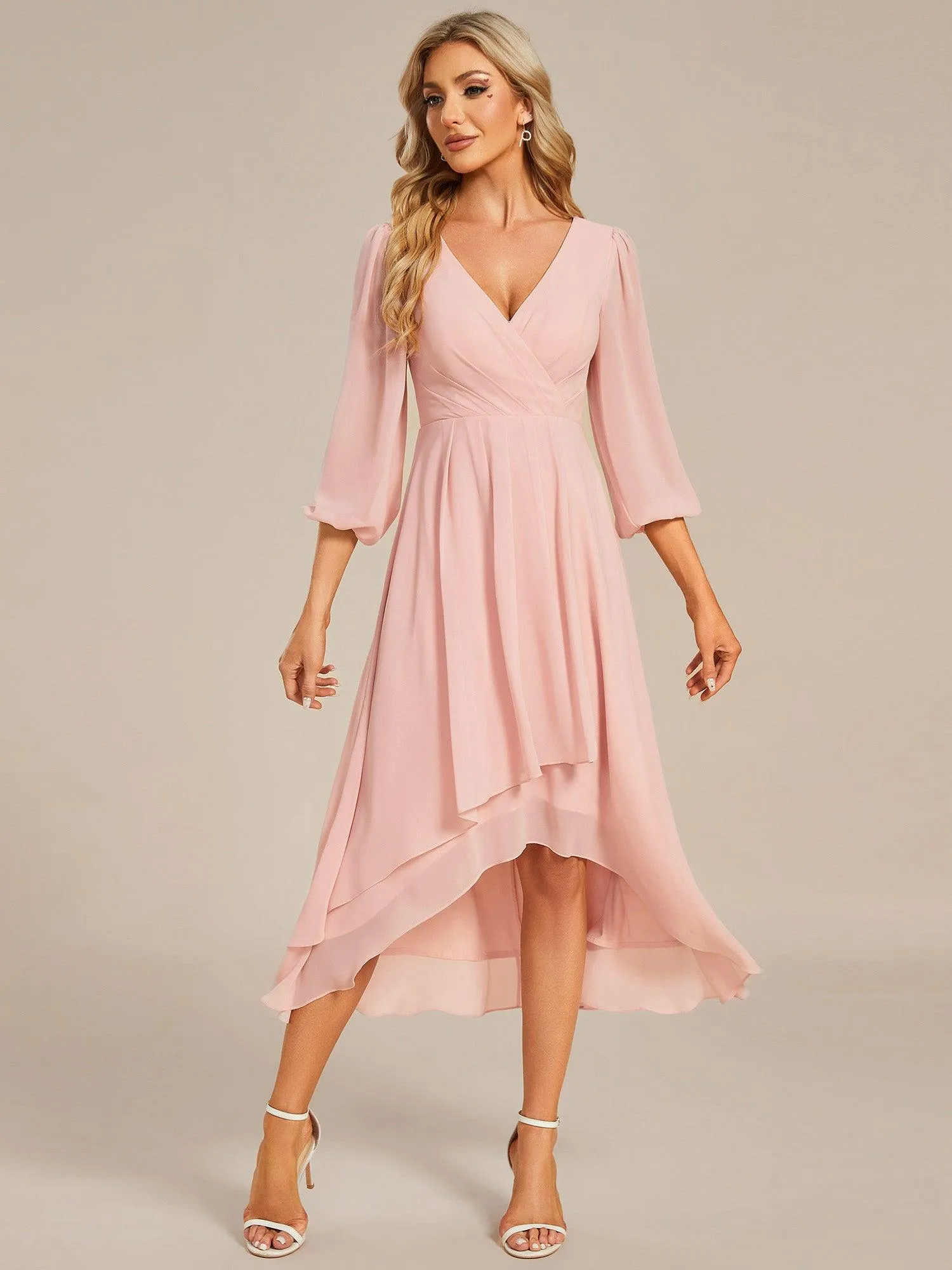 Robe invité de mariage mi-longue manches longues ourlet asymétrique