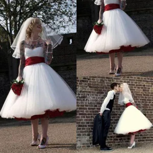 Rock And Roll Gothic Bridal Dress With Red Sash A Line Knee Length Tulle Skirt