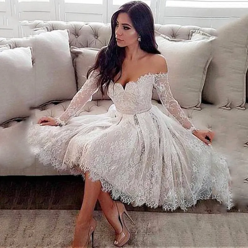 Roycebridal Elegent Lace Short Dress Wedding Off The Shoulder Knee-length Long Sleeve Wedding Dress With Belt Illusion Bridal Wedding Gowns