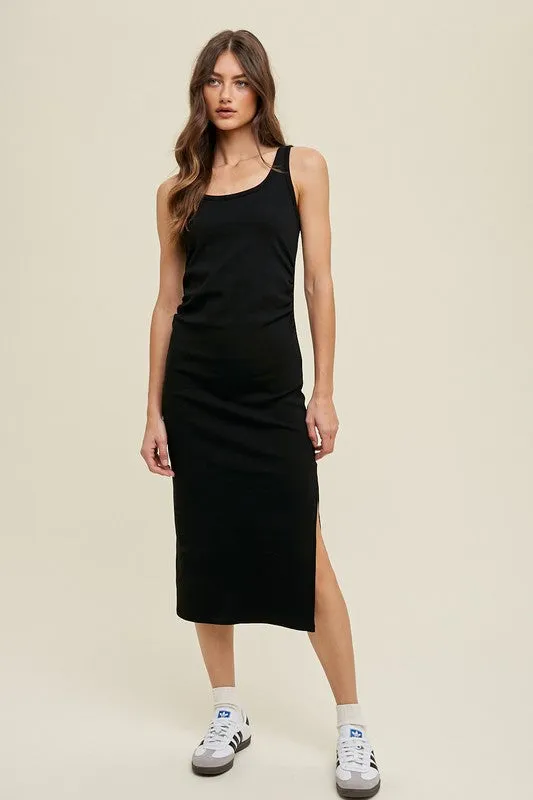 Ruched Side Detail Knit Midi Dress With Side Slit