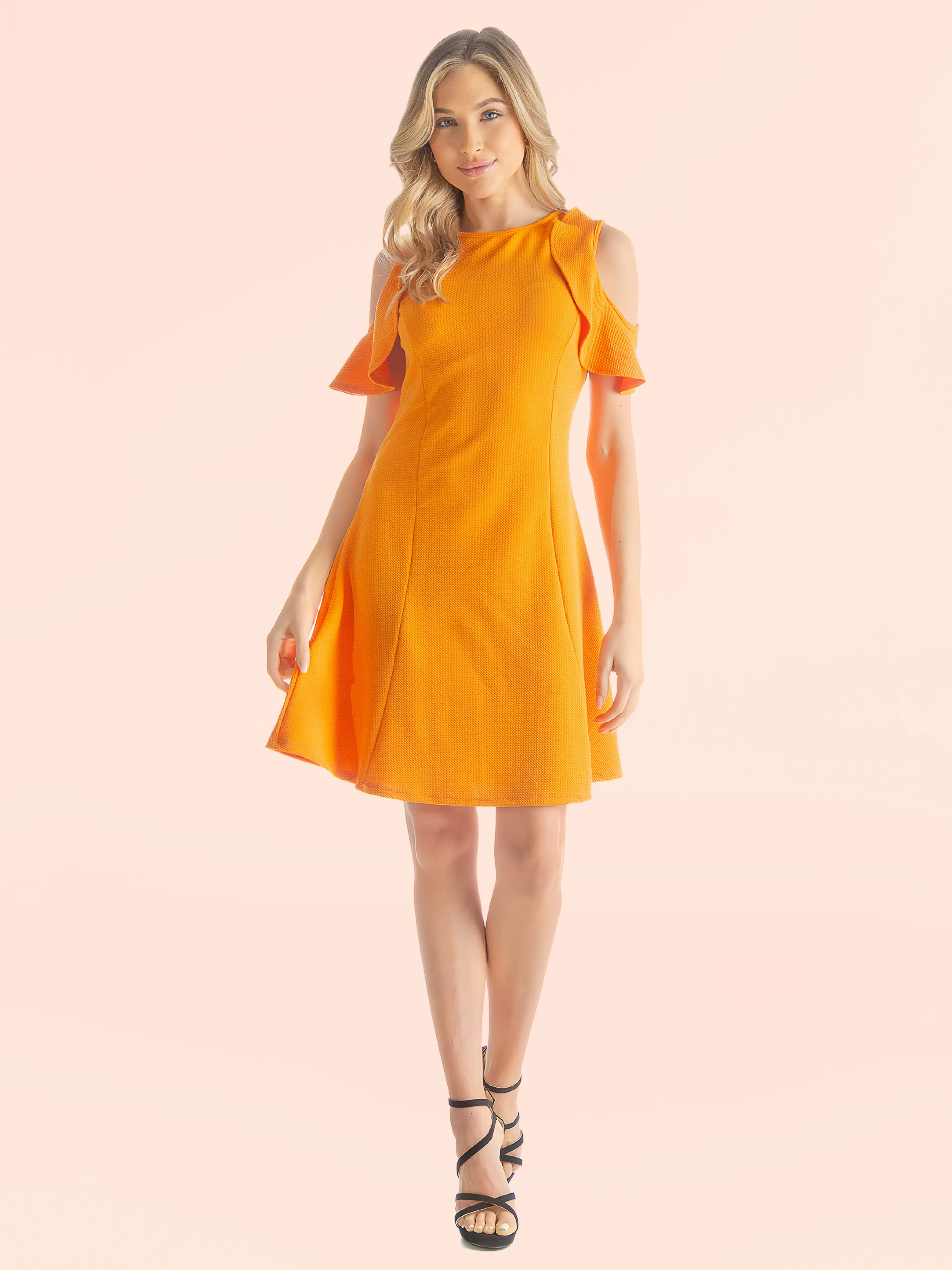 Ruffle Cold Shoulder A Line Knee Length Dress