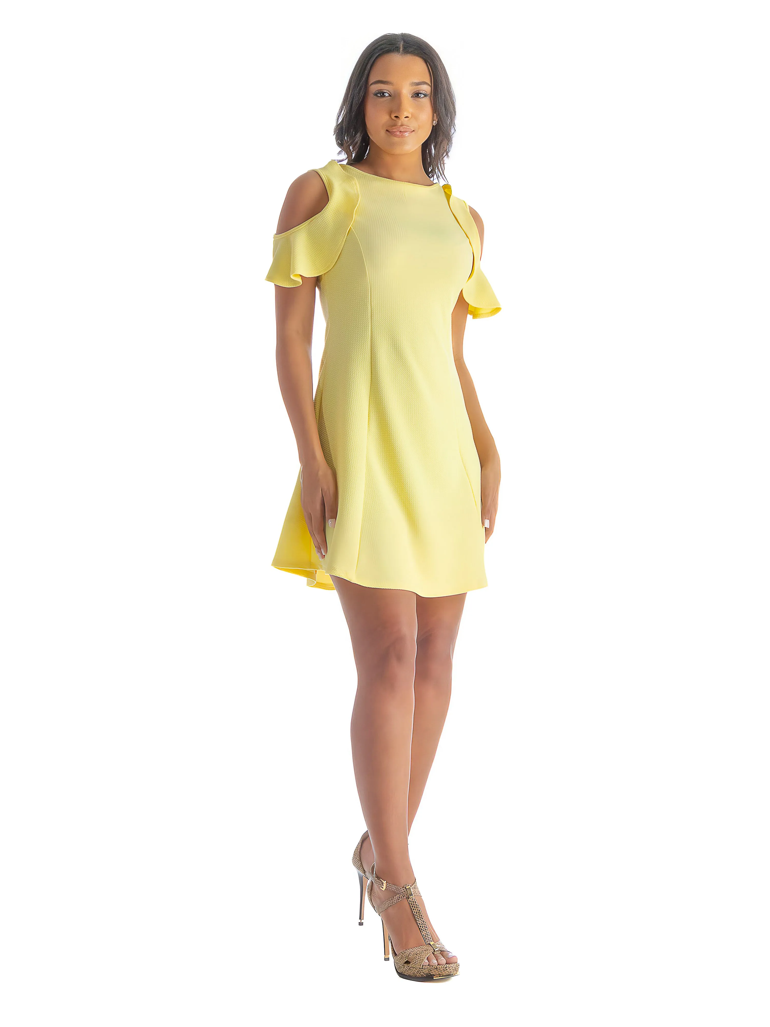 Ruffle Cold Shoulder A Line Knee Length Dress