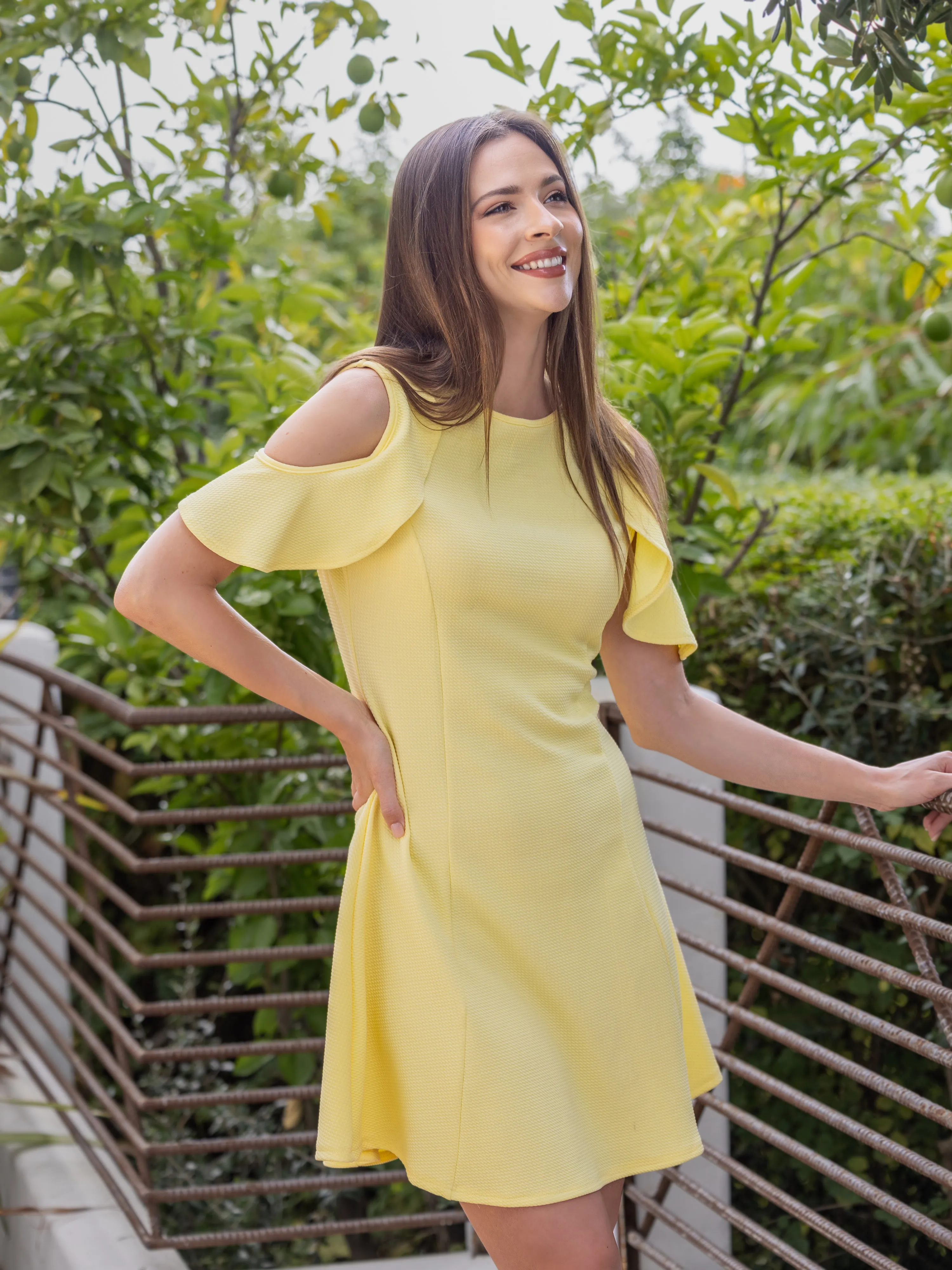 Ruffle Cold Shoulder A Line Knee Length Dress