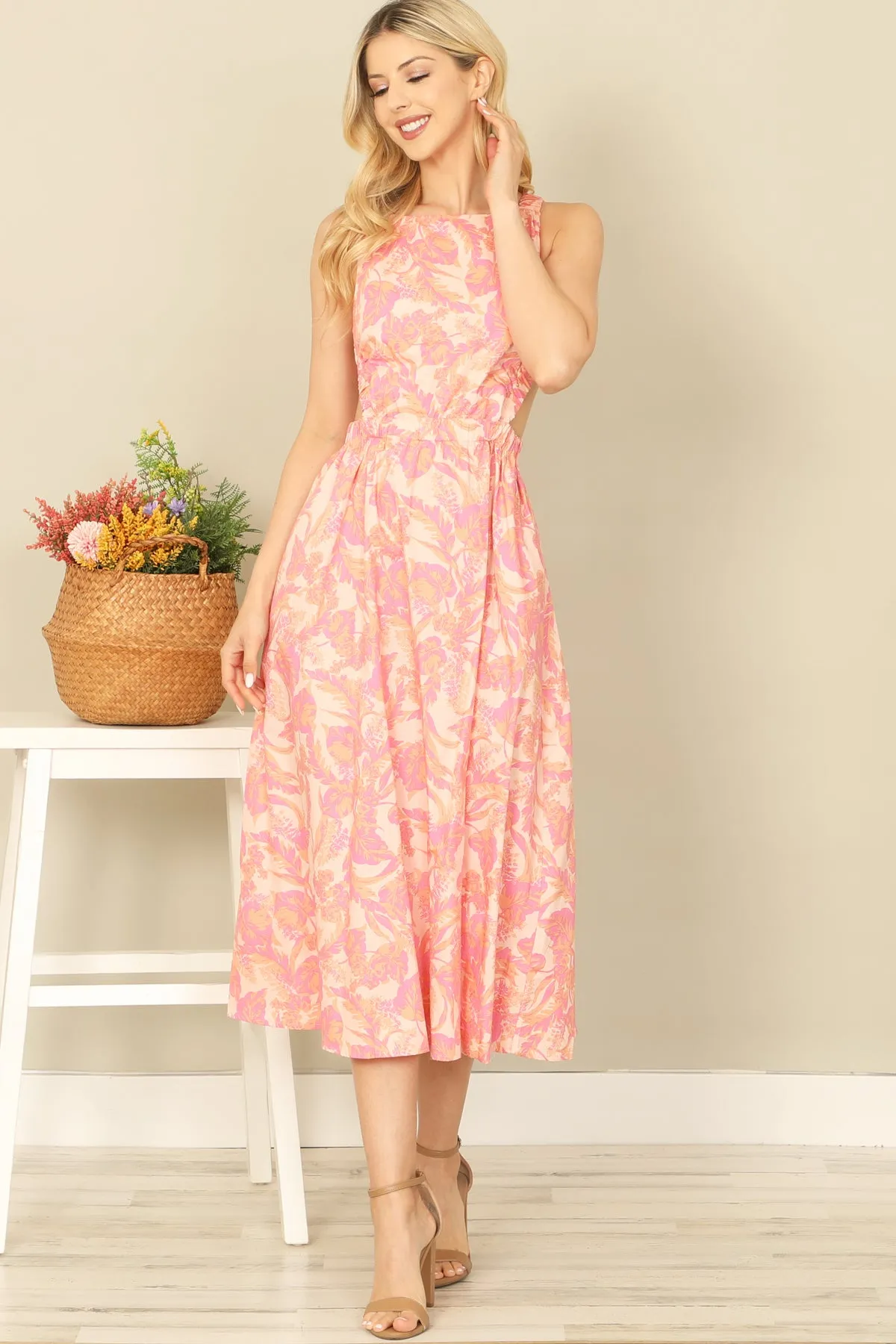 SABRINA NECK SIDE CUT-OUT PRINTED MIDI DRESS