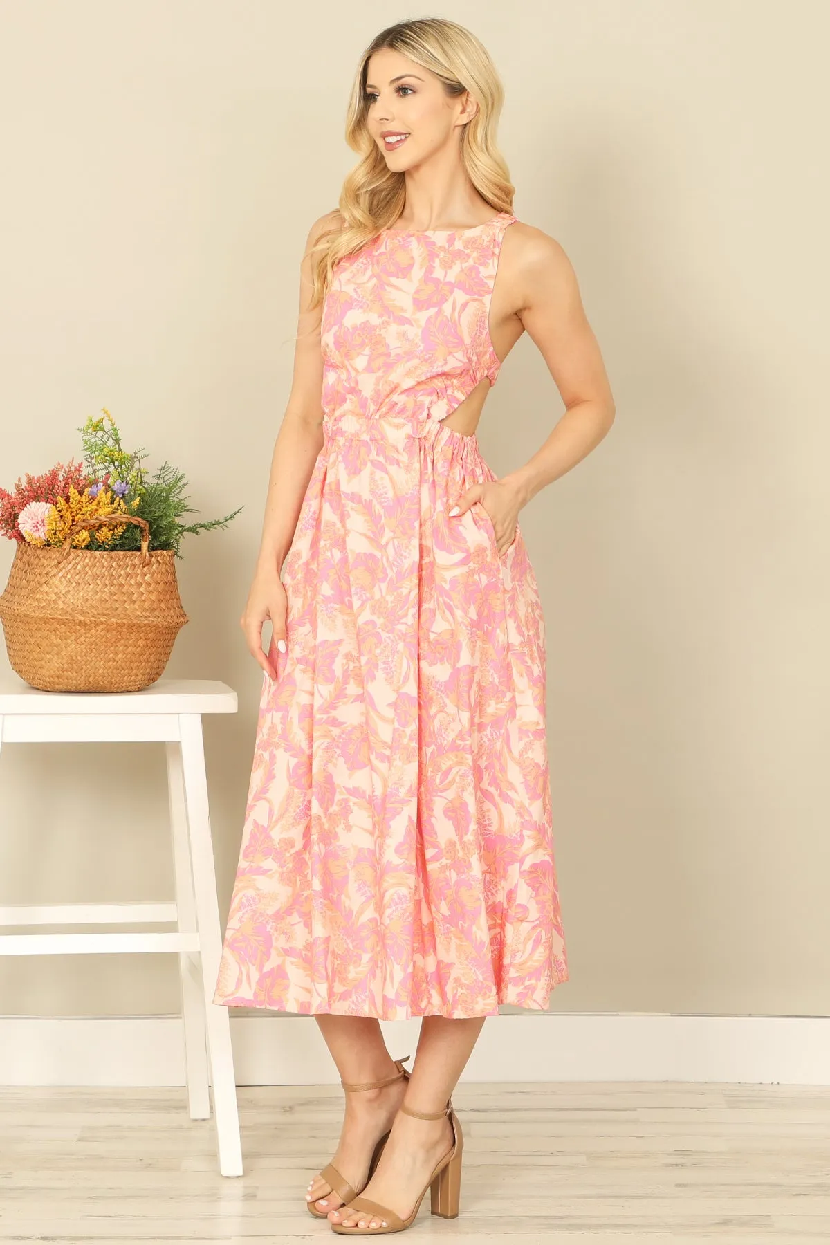 SABRINA NECK SIDE CUT-OUT PRINTED MIDI DRESS