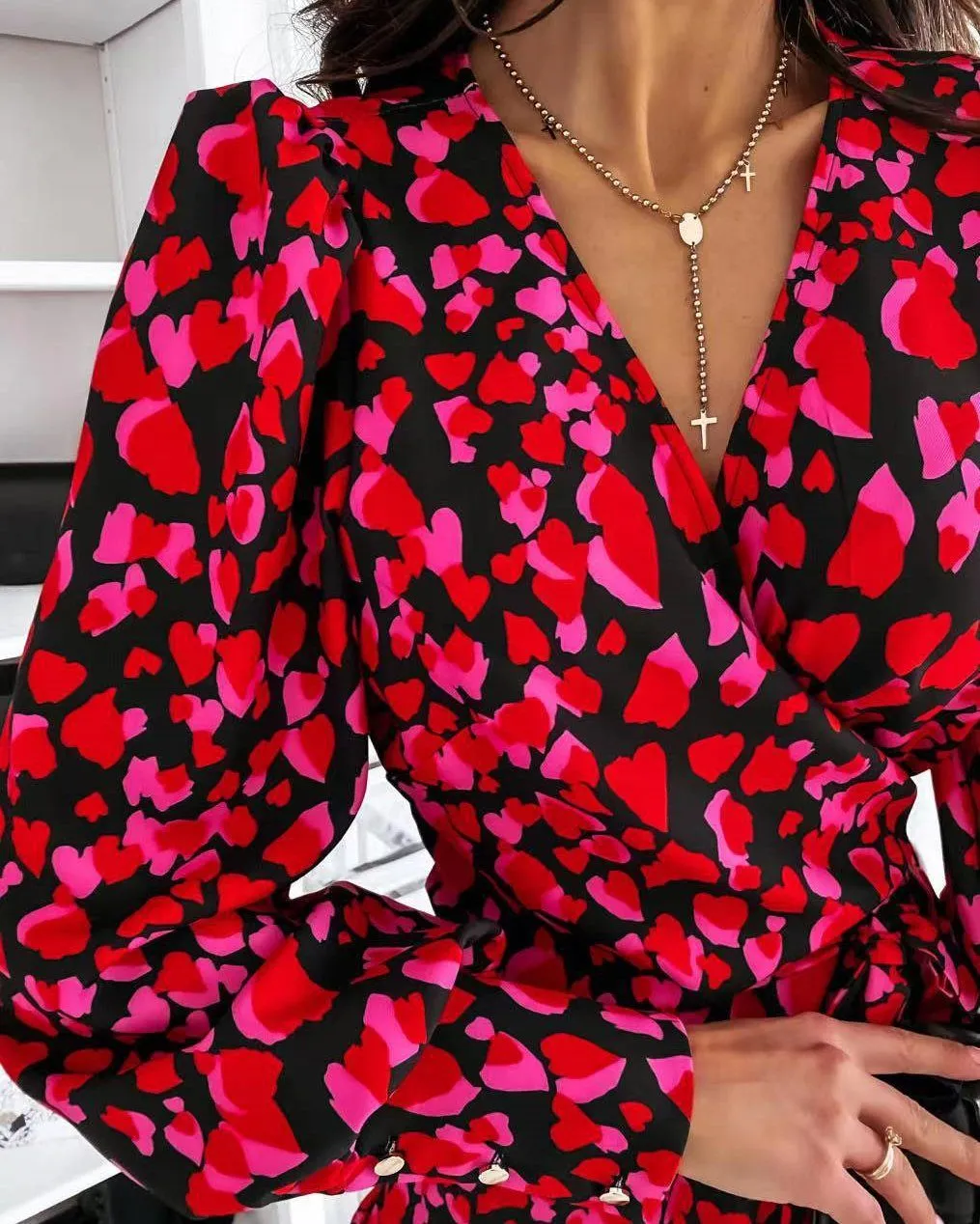 Seasonal Blooms Print Long Sleeve Mini Dress - Red