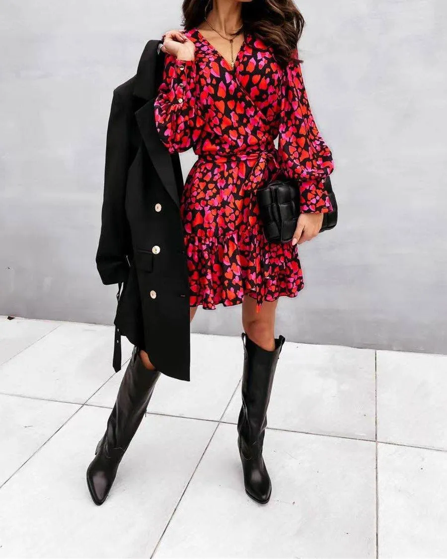 Seasonal Blooms Print Long Sleeve Mini Dress - Red