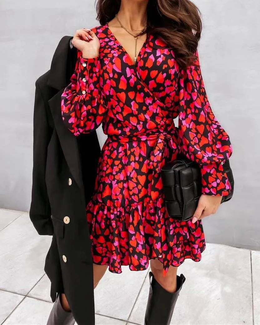 Seasonal Blooms Print Long Sleeve Mini Dress - Red