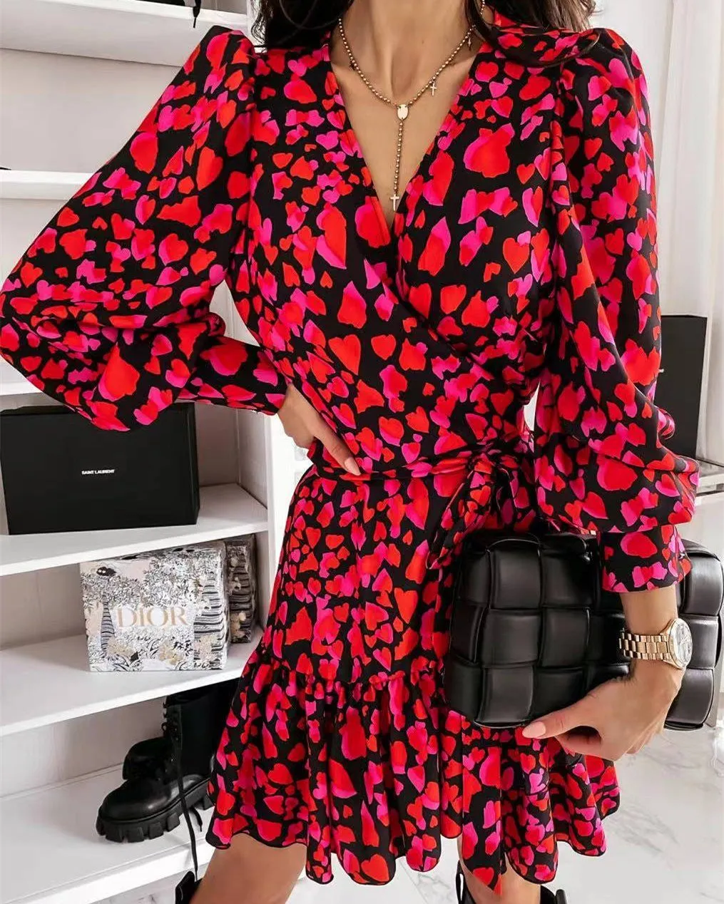Seasonal Blooms Print Long Sleeve Mini Dress - Red
