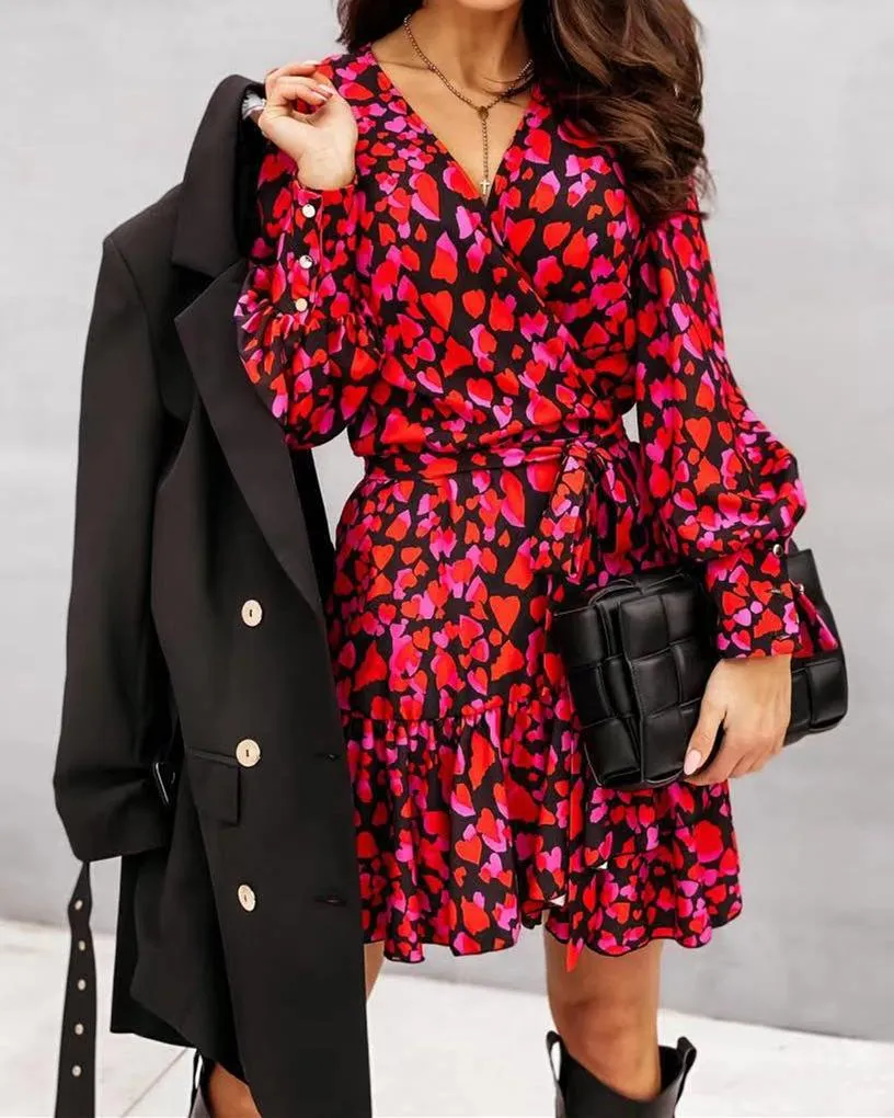 Seasonal Blooms Print Long Sleeve Mini Dress - Red