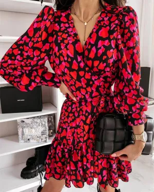 Seasonal Blooms Print Long Sleeve Mini Dress - Red