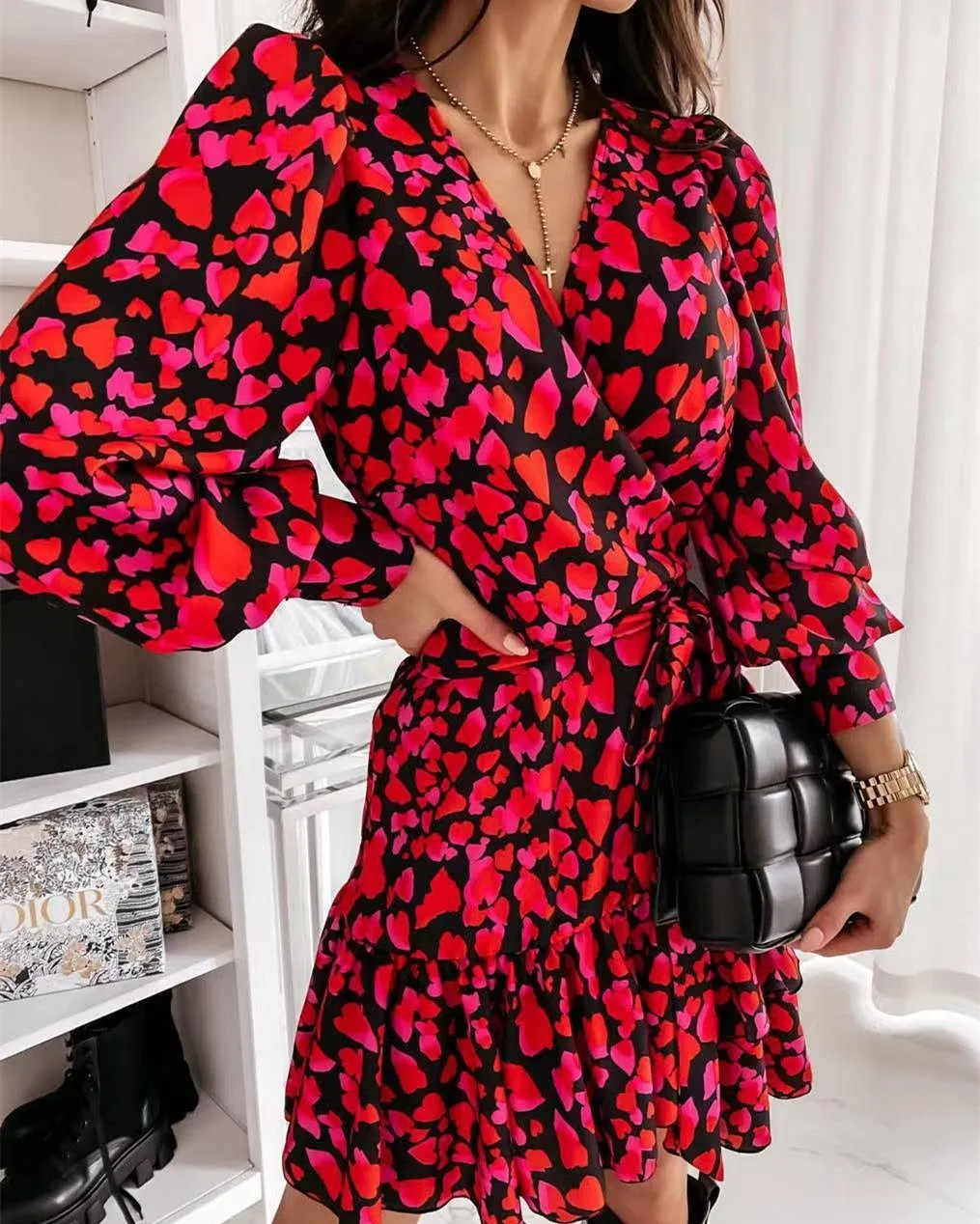 Seasonal Blooms Print Long Sleeve Mini Dress - Red
