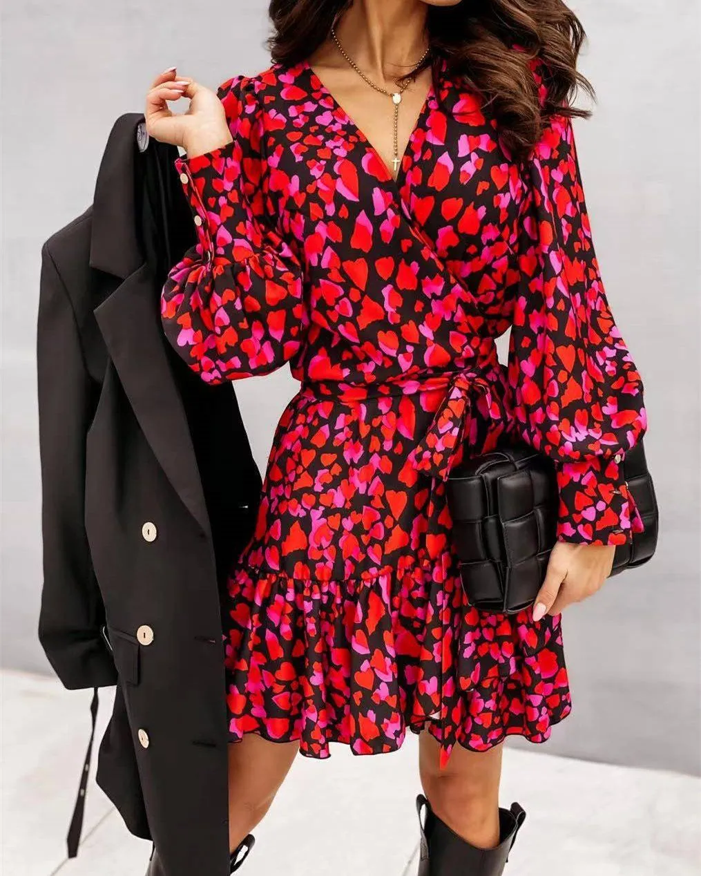 Seasonal Blooms Print Long Sleeve Mini Dress - Red