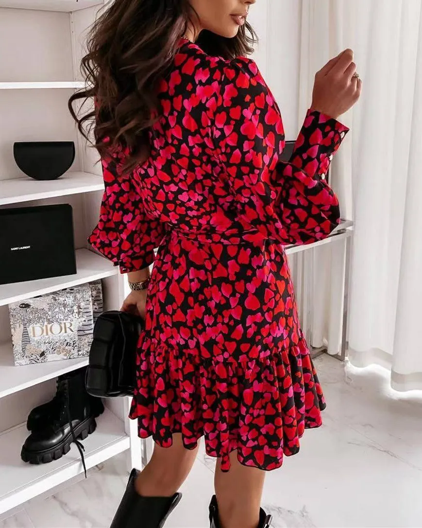 Seasonal Blooms Print Long Sleeve Mini Dress - Red