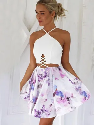 Sexy A-Line V-Neck Lace-up Short Floral Short Homecoming Dresses ,BDY0272