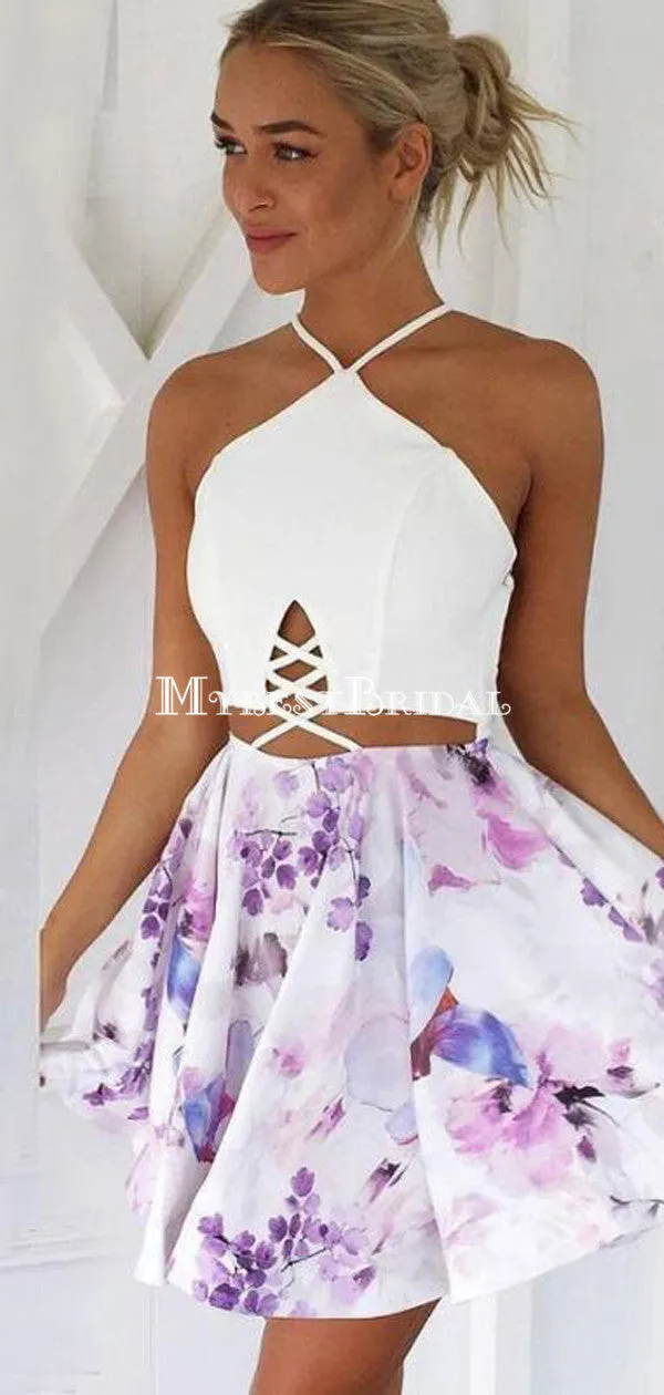 Sexy A-Line V-Neck Lace-up Short Floral Short Homecoming Dresses ,BDY0272