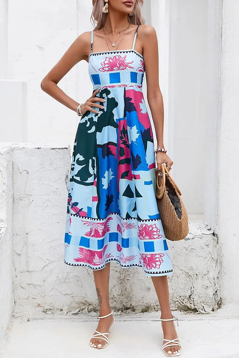 Sexy Print Patchwork Square Collar Sling Dress Dresses