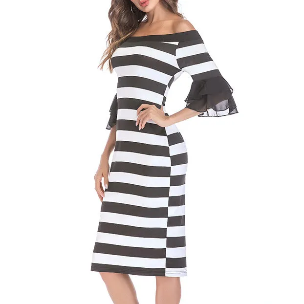 Sexy Word Collar Off-shoulder Trumpet Sleeves Slim Bag Hip Strip Dress