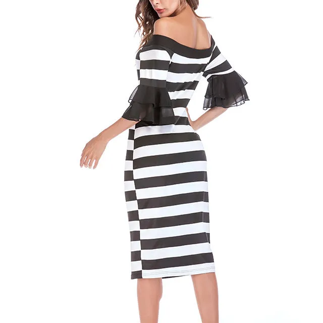 Sexy Word Collar Off-shoulder Trumpet Sleeves Slim Bag Hip Strip Dress
