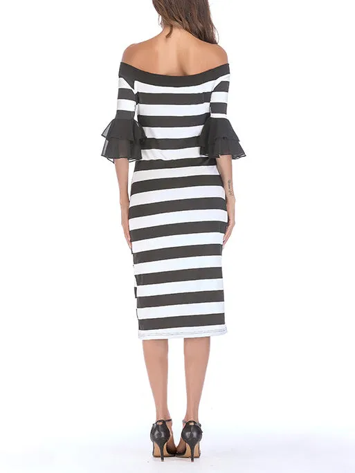 Sexy Word Collar Off-shoulder Trumpet Sleeves Slim Bag Hip Strip Dress