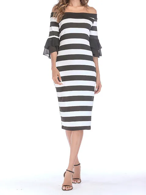 Sexy Word Collar Off-shoulder Trumpet Sleeves Slim Bag Hip Strip Dress