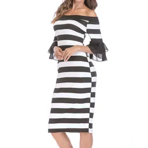 Sexy Word Collar Off-shoulder Trumpet Sleeves Slim Bag Hip Strip Dress