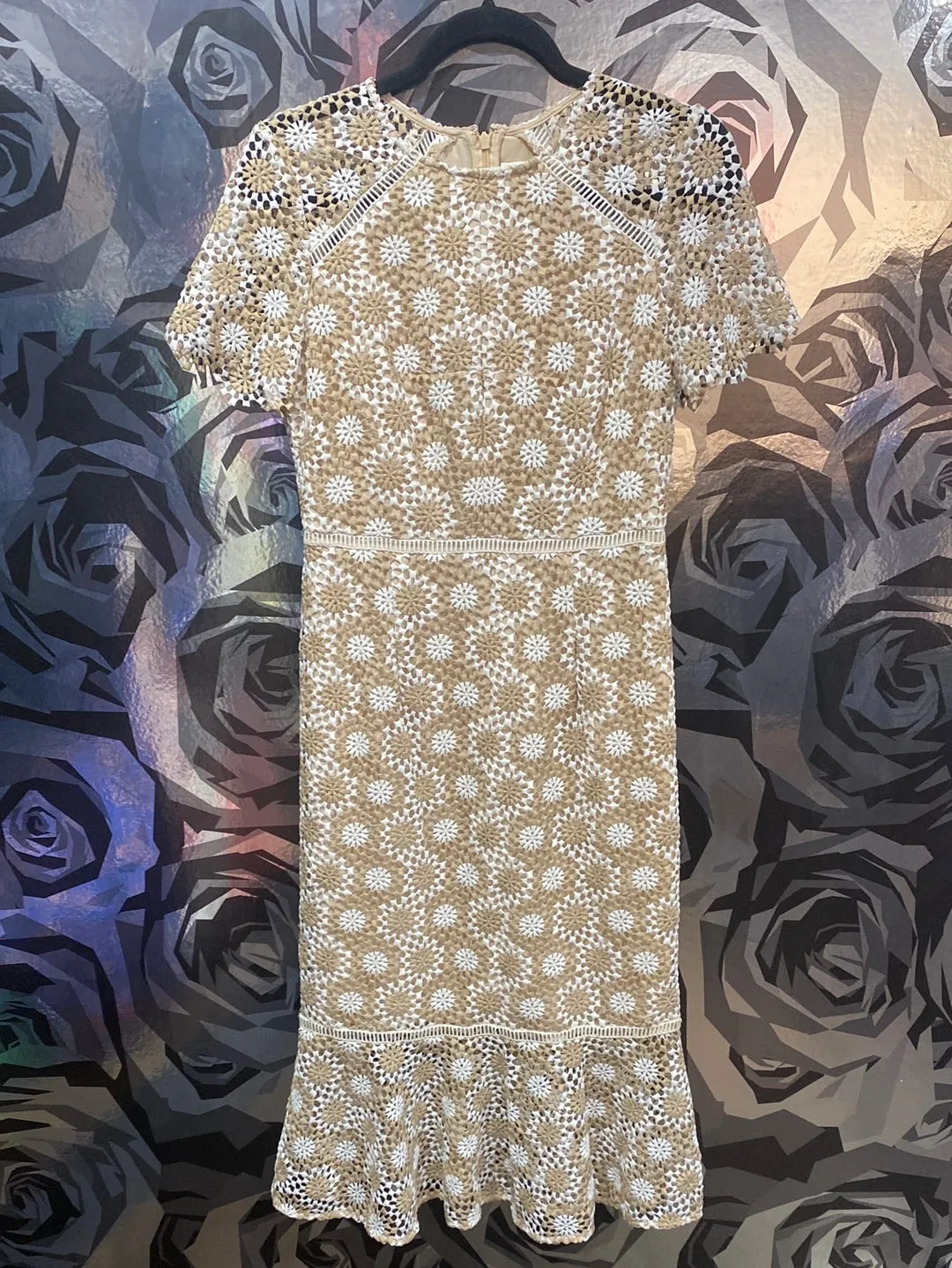 Shoshanna Tan and White Crochet Mermaid Midi Dress
