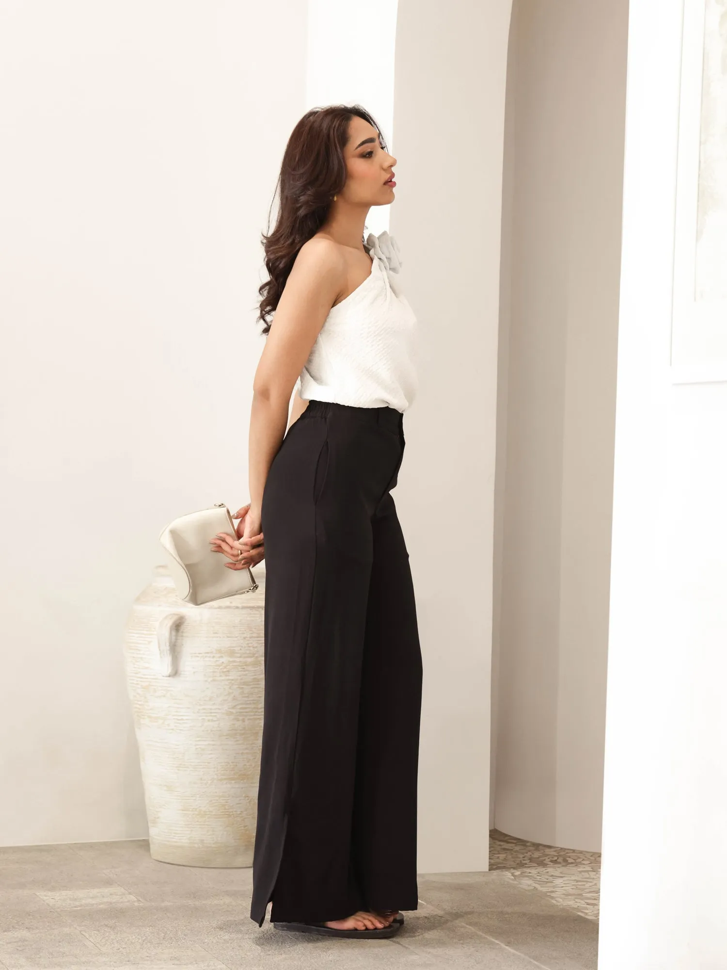 Side Slit Detailed Back Elasticated Wide Leg Pant