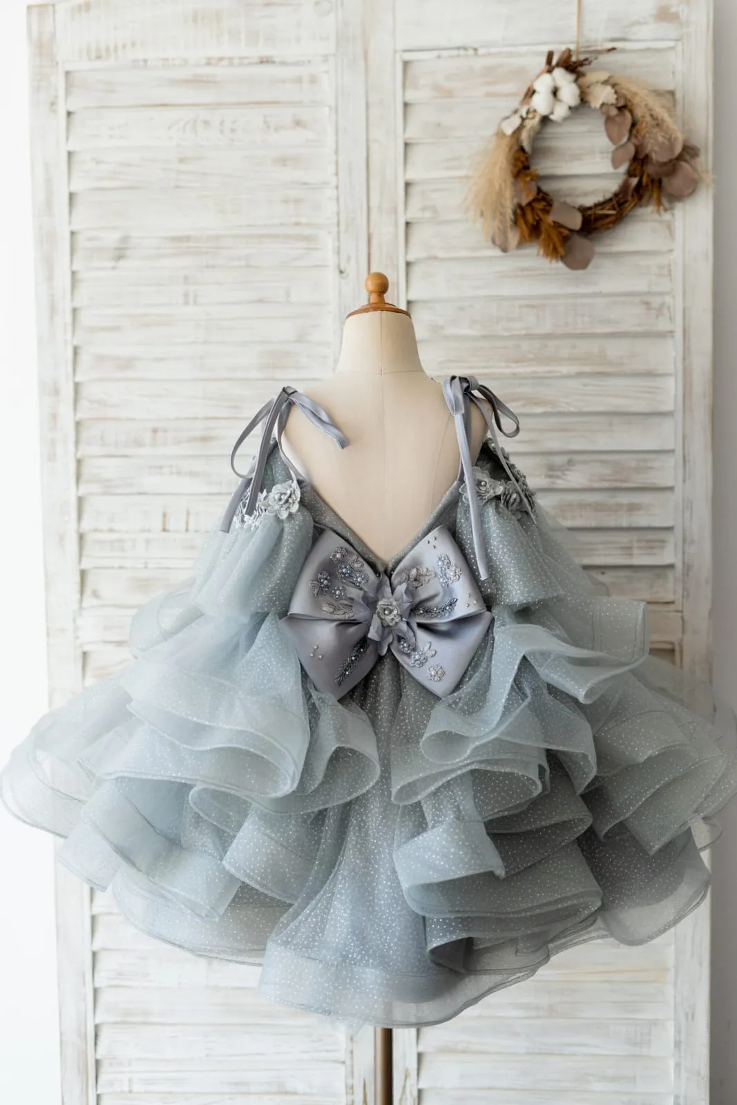 Silver Gray Glittering Tulle Straps V Back Wedding Flower Girl Dress Kids Party