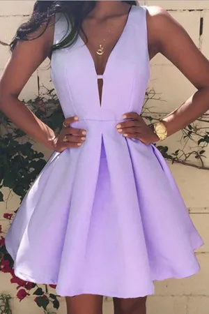 Simple Light Purple A-line V-neck Satin Homecoming Dresses for Girls, MH447