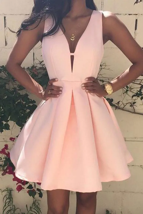 Simple Light Purple A-line V-neck Satin Homecoming Dresses for Girls, MH447