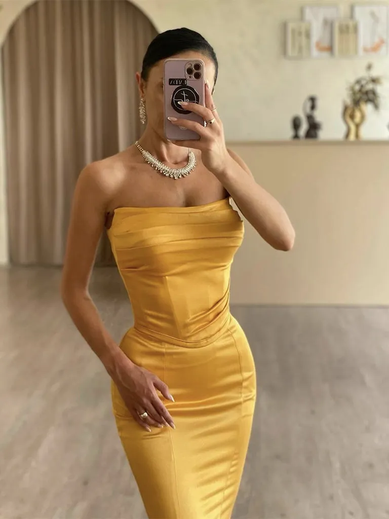 Simple Satin Mermaid Yellow Long Prom Dress, Yellow Evening Dress