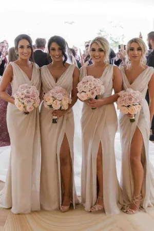 Simple Sheath Long Bridesmaid Dress with Slit, Wedding Party Dress OKO22