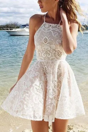 Simple White Halter A-line Short Straps Lace Homecoming Dresses With Pleats, MH110