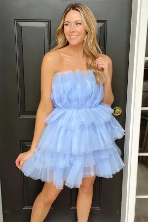 Sky Blue Tulle Tiered A-line Strapless Short Homecoming Dress, Party Dress, MH593