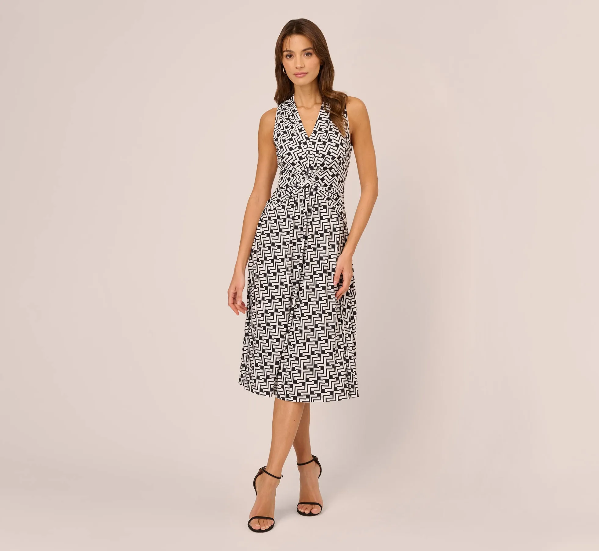 Sleeveless Geo Print Midi Dress With Knotted Detail In Black White