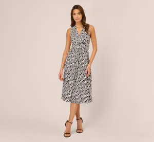 Sleeveless Geo Print Midi Dress With Knotted Detail In Black White