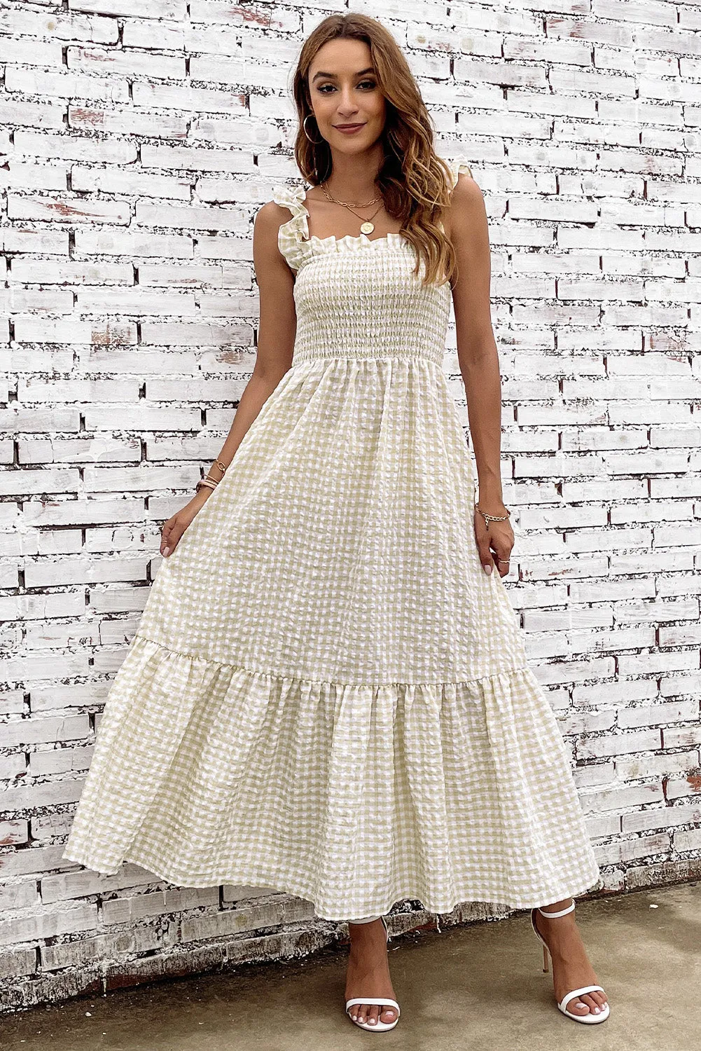Smocked Gingham Midi Dress